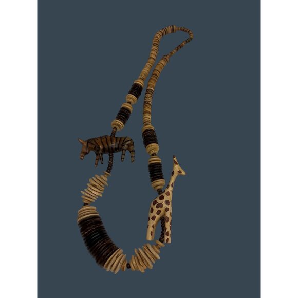 Handmade Wooden Beaded Necklace With Carved Giraffe & Zebra Pendants - Picture 15 of 15